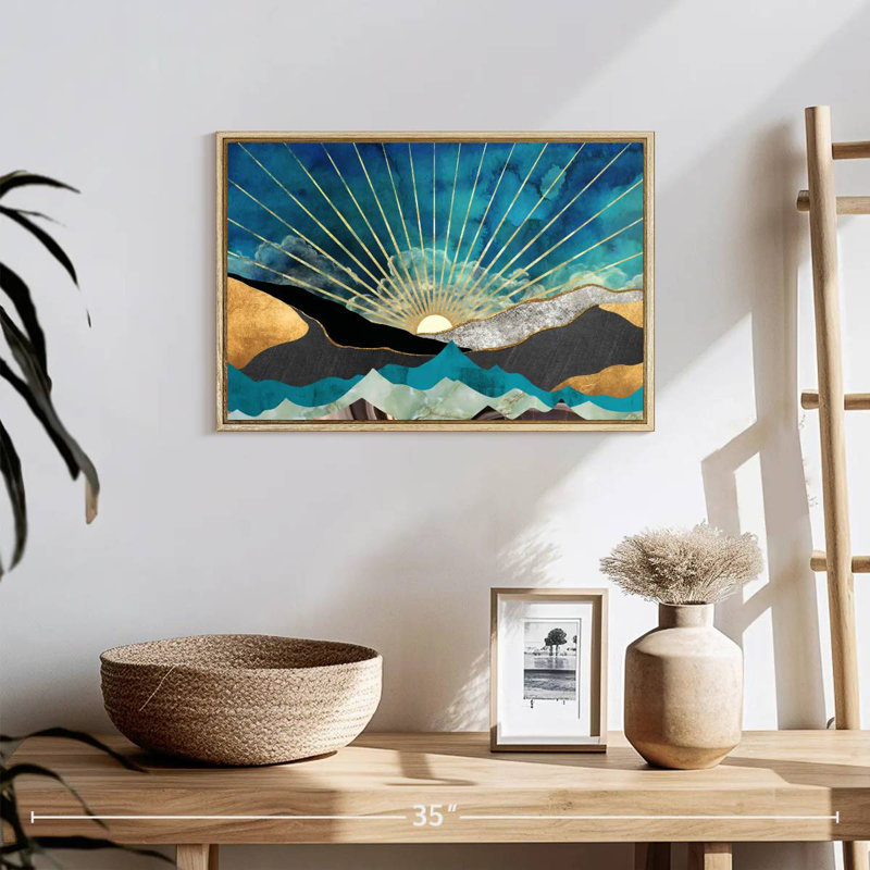 Lever de soleil abstrait, 19 po x 13 po, Cadre flottant en bois naturel
