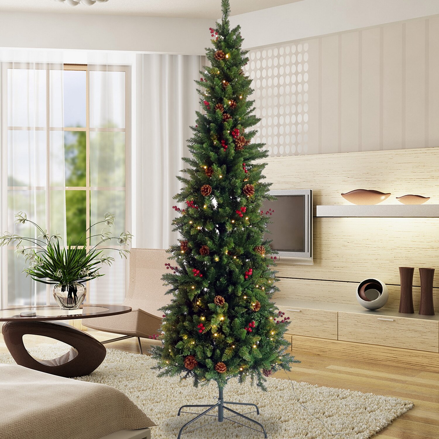 The Holiday Aisle® Slim Christmas Tree Pre Lit Pencil Feel Real Skinny