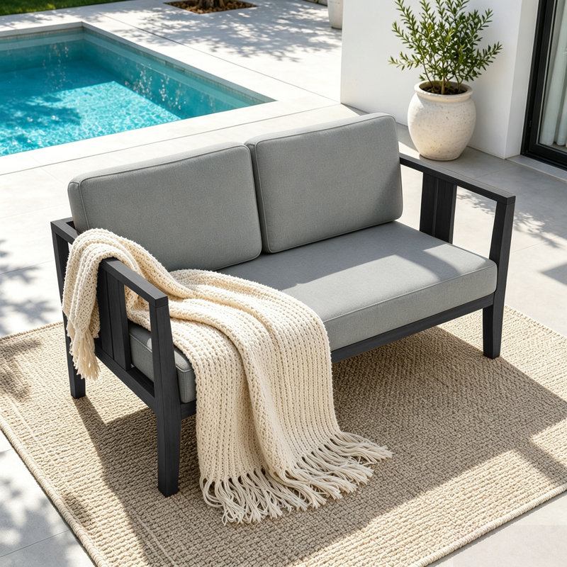 Causeuse d'extérieur en bois de teck avec coussin et accoudoirs Junco, Gris, Noir