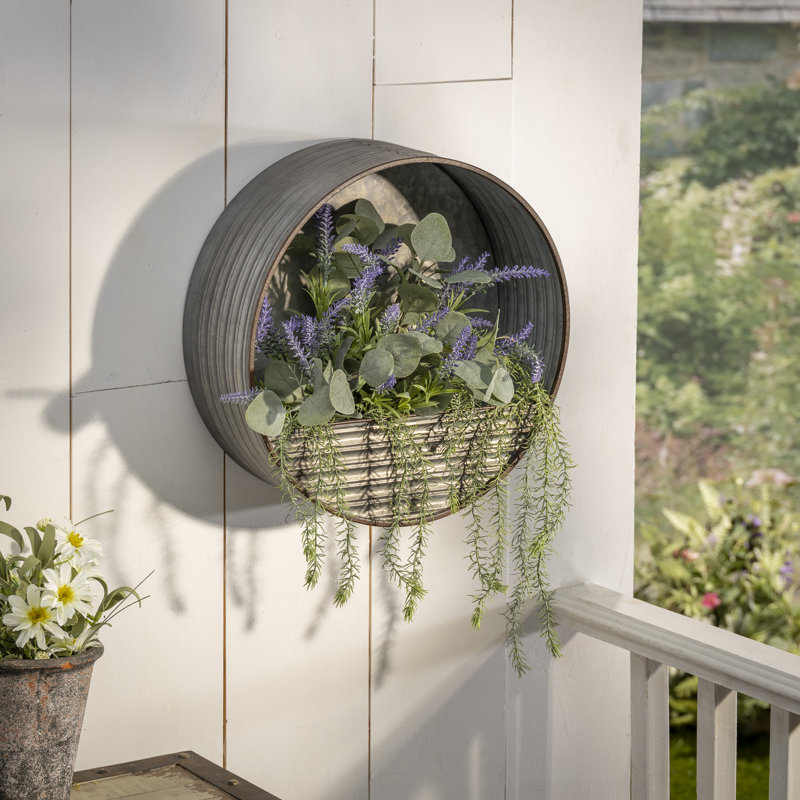 Industrial Refinement: 15.7-Inch Round Ribbed Galvanized Metal Hanging Wall Planter – Modern Vertical Botanical Display