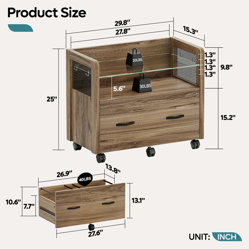 Preble Mobile File Cabinet with Drawer and Hooks, Natural