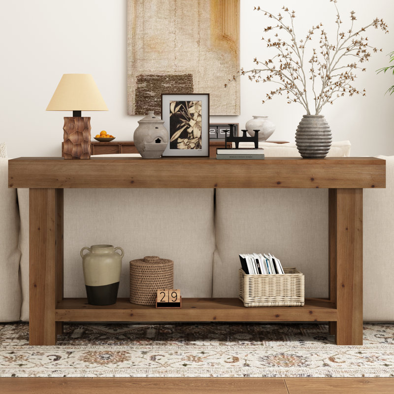 Console en bois de sapin massif de 63 po avec tablette de rangement Danard