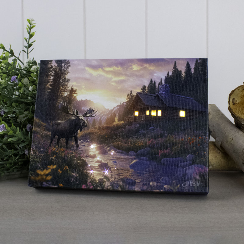 Cozy Cabin Moose Visit 8X6 Lighted Tabletop Canvas