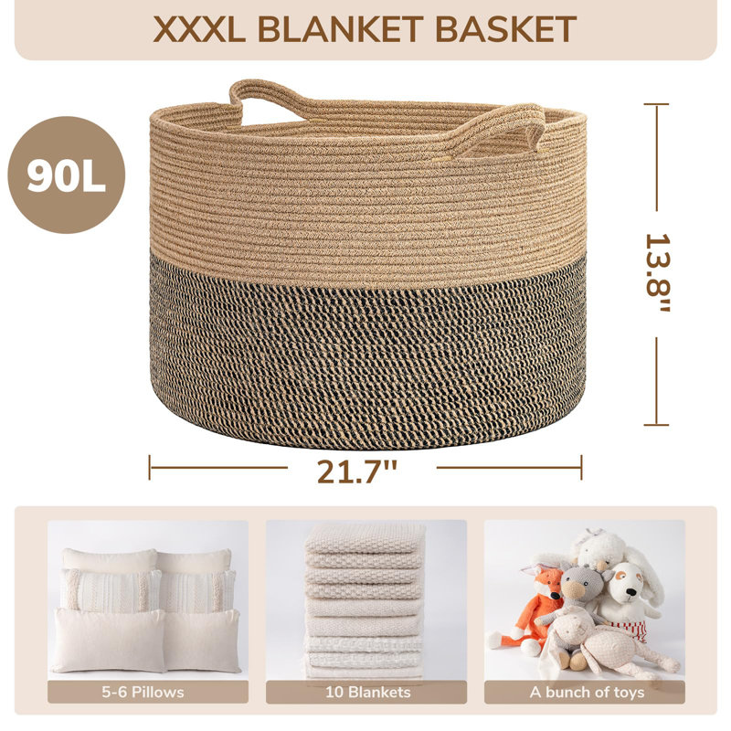 Extra Large Woven Baskets For Storage, 21.7 X 13.8 Blanket Basket Living Room Wicker Storage Basket For Organizing Woven Laundry Baskets For Toy Pillow Shoe, Entryway, Black Jute