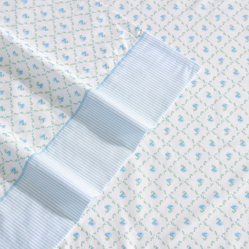 Ensemble de draps en coton Laura Ashley Kate, Ensemble de draps pour très grand lit avec 2 taie, Bleu / losange, motif floral