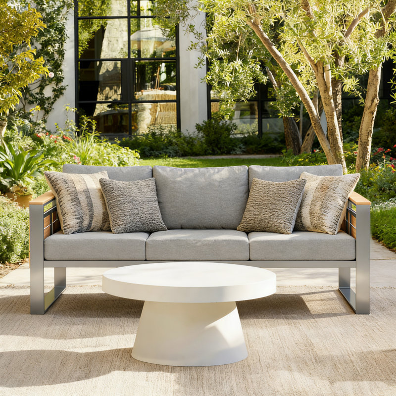 Aluminum Outdoor Patio 3-seat Sofa, All-weather Outdoor Couch With Thick Olefin Cushions & Wide Armrest For Garden, Backyard, Porch, gray