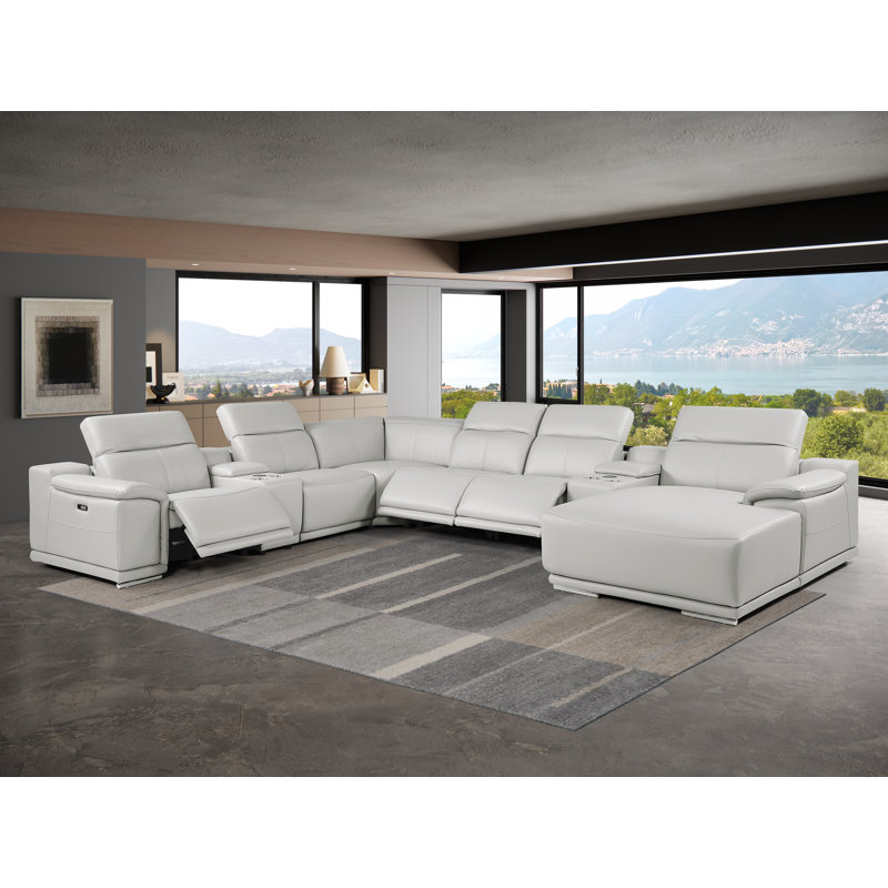 WHITE Right-Facing 8-Piece L-Shaped Sectional In Genuine Leather With 3 Power Recliner & Adjustable Headrests