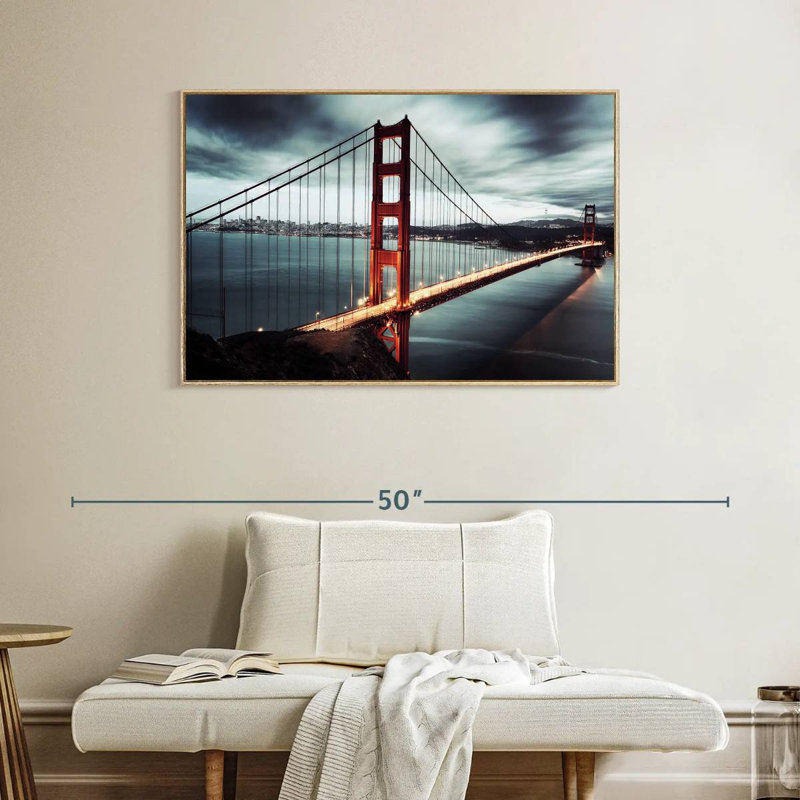 Golden Gate Bridge Storm Clouds, Floating Frame Natural Wood, 40" X 27"