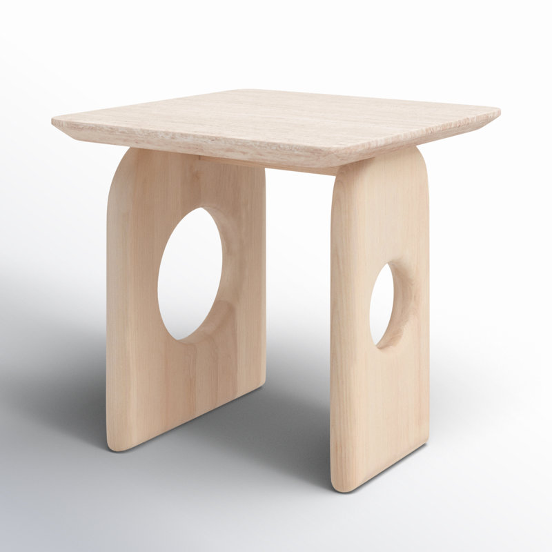 Beige Faux Marble and Ash Wood Square End Table