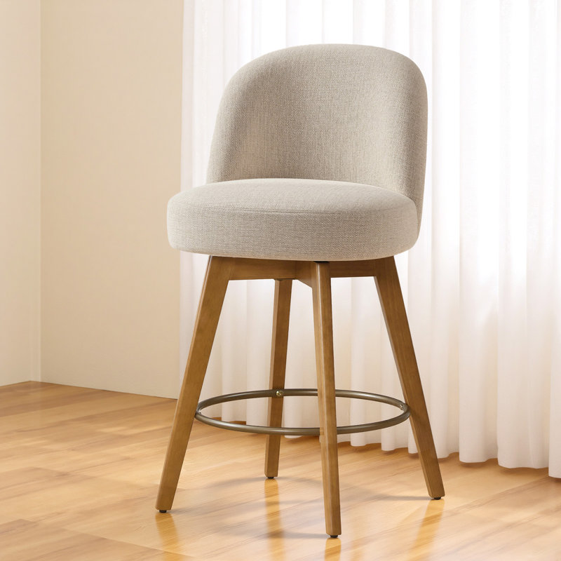 Tabourets de bar 26 po de style moderne Mid-Century, tabourets de bar pivotants à 360 ° en tissu avec pieds en bois massif, chaises avec dossier Island, sable