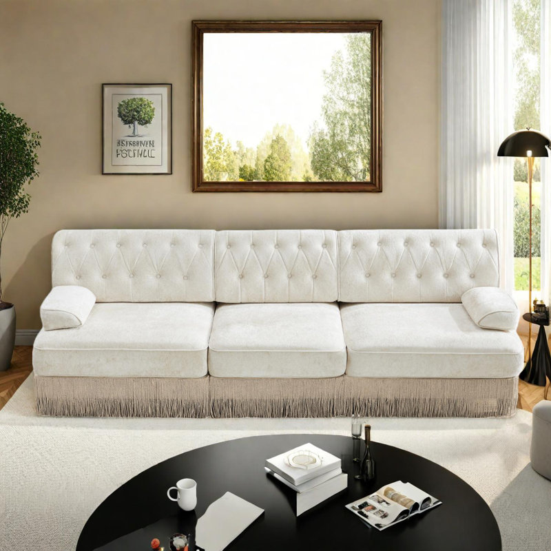 Canapé 3 places en velours avec jupe à franges et boutons capitonnés, Beige