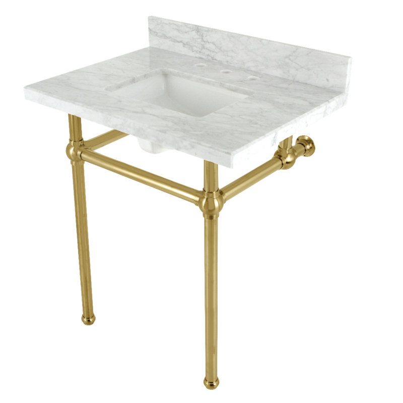 Kingston Brass Templeton 30-Inch Carrara Marble Console Sink with Brass Legs (8-Inch, 3-Hole), White/Brushed Brass