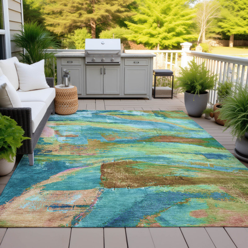 Tapis bleu sarcelle lavable à la machine intérieur / extérieur Xhevrie, Rectangle 10 pi x 14 pi