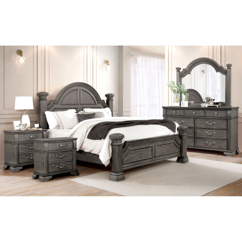 Adames Wood Bedroom Set with Bell-Shaped Headboard, Gray, King, 5 Pcs: Bed, 2 Nightstands, Dresser, Mirror