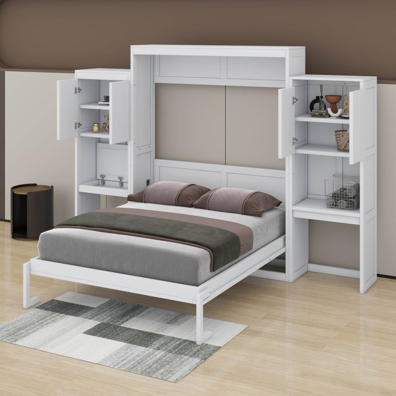 Grand lit escamotable avec bureau, coiffeuse et armoires, Blanc
