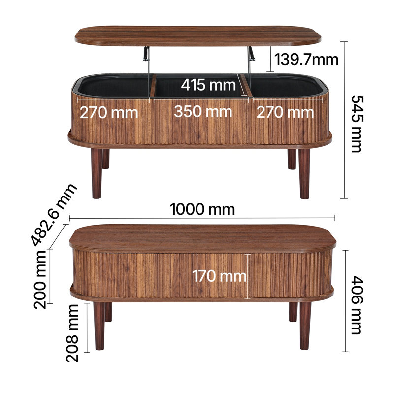 Table basse à plateau relevable de 39,4 po, table basse ovale cannelée avec 3 compartiments cachés, bureau central ovale en bois de style Mid-Century avec rangement, plateau de table relevable pour la maison et le bureau, assemblage facile, noyer