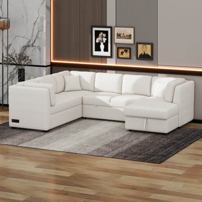 Pull Out Couch Bed With USB Charging Port And Two Power Sockets, Storage Chaise And Three Pillows