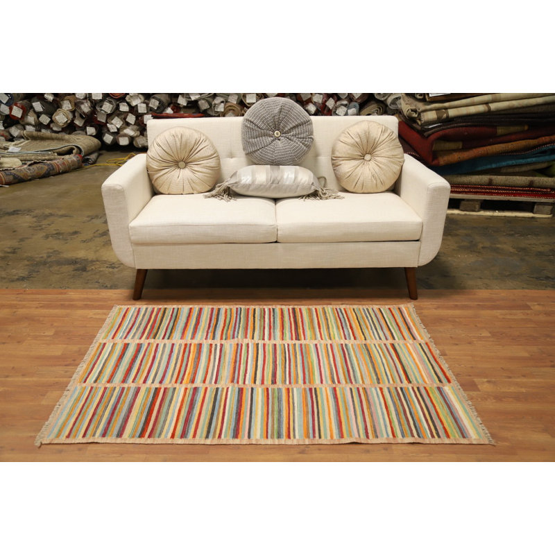 Tapis en laine rayé multicolore vibrant 3 x 5 pour les intérieurs modernes