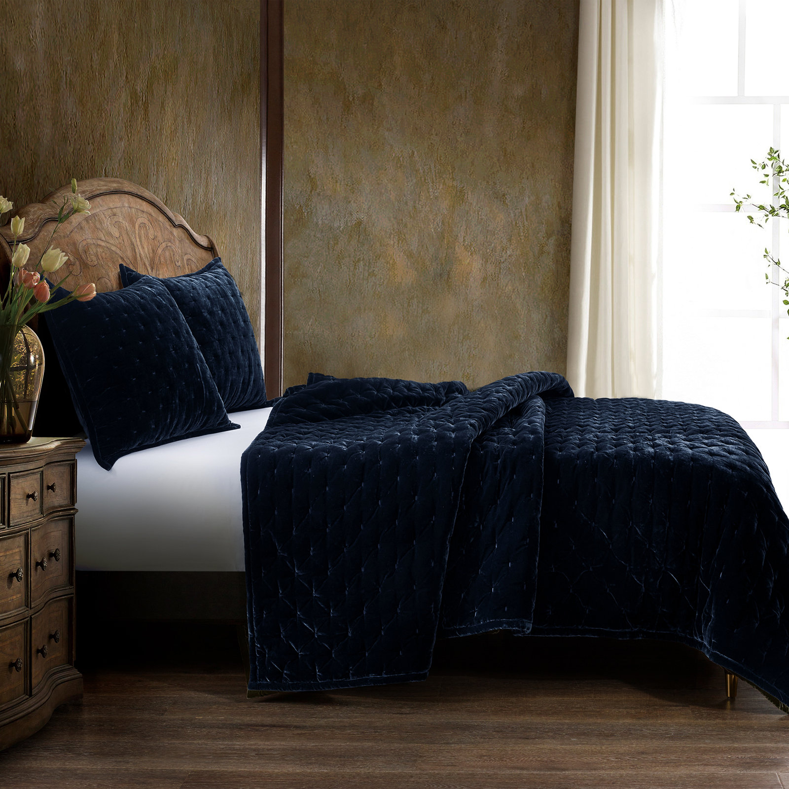 Stella Velvet Quilt Set, King Quilt + 2 King Shams, Midnight Blue
