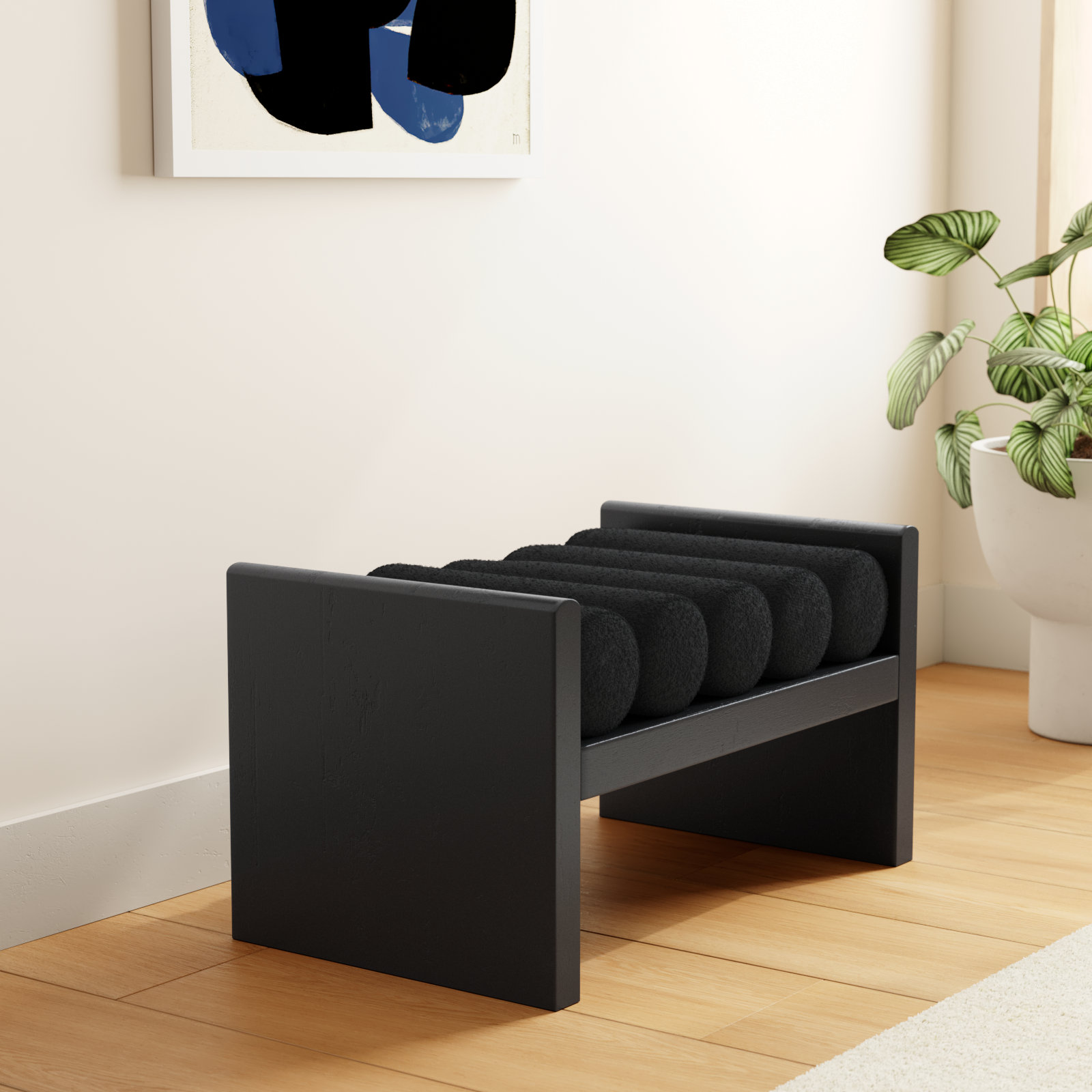 Waverly Bedroom Bench, Black Boucle Fabric / Black Finish, 18" H x 32" W x 19" D