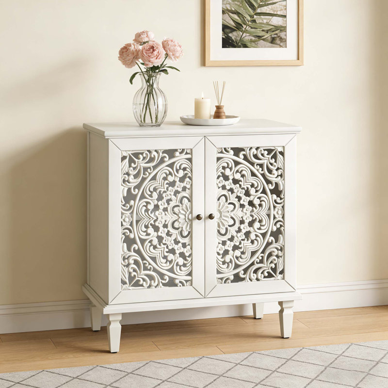 Buffet antique 2 portes avec sculptures florales, Blanc gris antique
