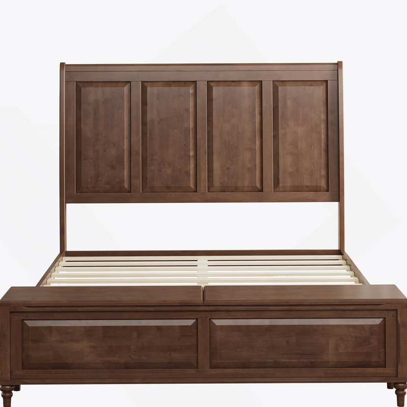 Base de lit avec banc de rangement haut pour tête et pied de lit, Grand lit, Noyer brun
