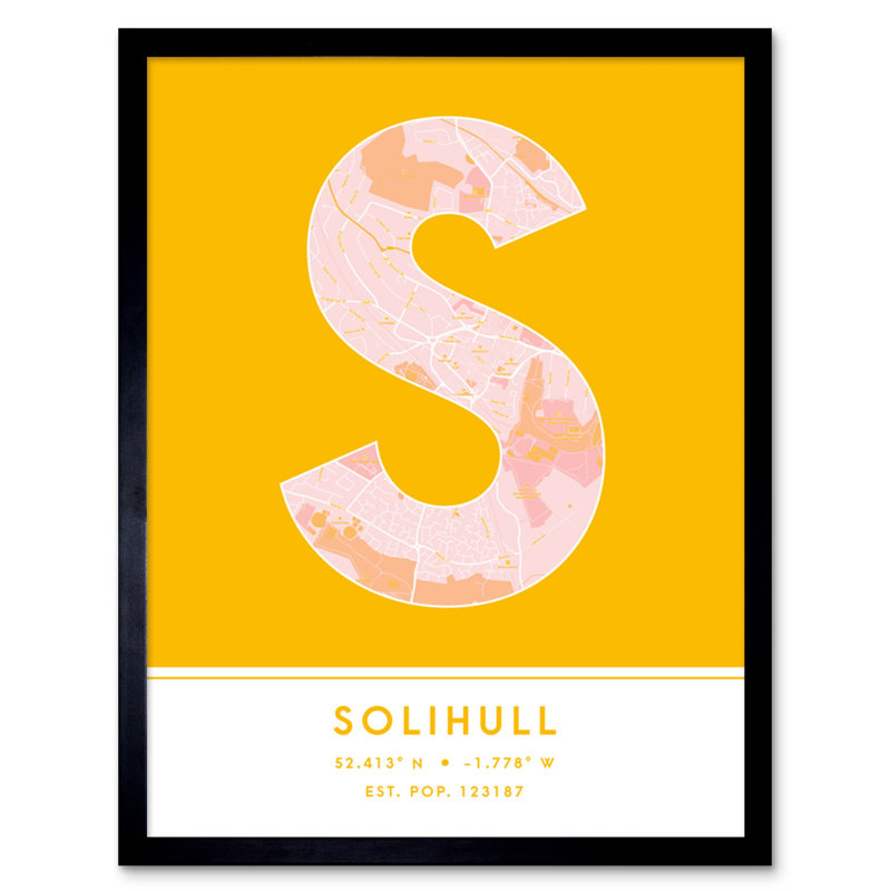 Solihull City Map Solihull Yellow by Wee Blue Coo - Single Picture Frame Typography