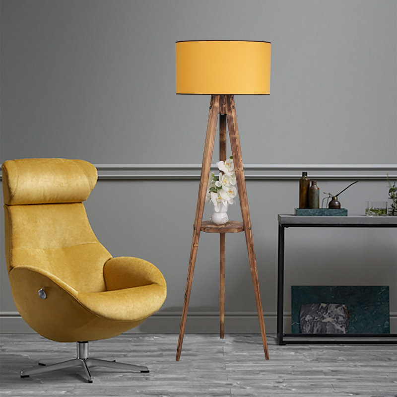 Lampe sur pied élégante avec corps en sapin, couleur brun et moutarde, hauteur de 60,2 po | Tablette en bois (10,2 po x 10,2 po) | Douille E27, 40 W maximum | Interrupteur marche / arrêt, peinture électrostatique séchée au four | Éclairage élégant pour la décoration intérieure