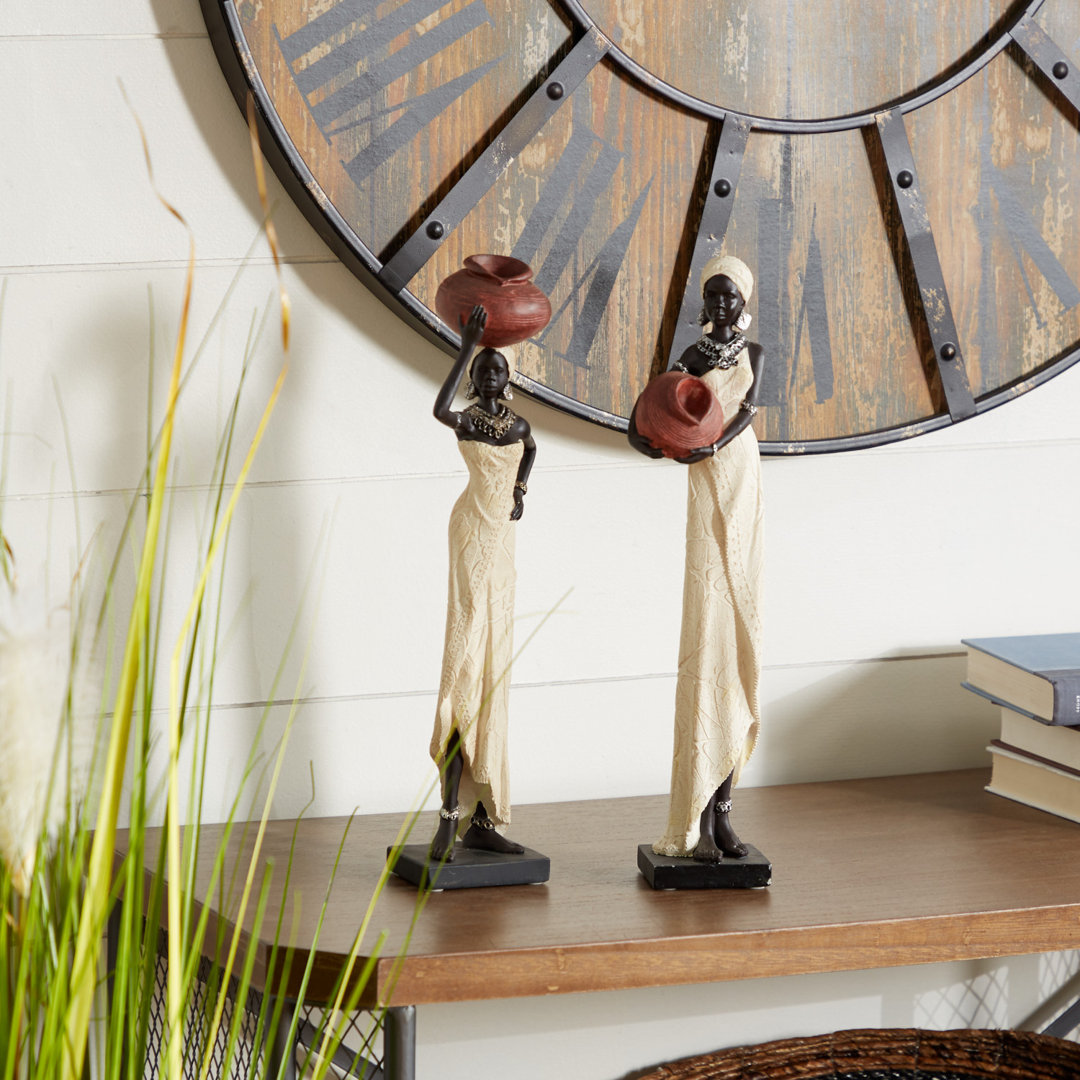 Harly Cream Polystone Standing African Woman Sculpture with Red Water Pots and Black Base, 2 Assorted 16"H, 4"W (Set of 2) World Menagerie