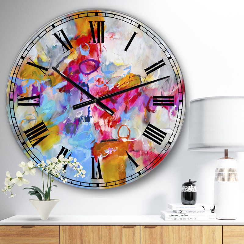 Horloge murale moderne surdimensionnée bleue et jaune Spatters IV, Surdimensionné