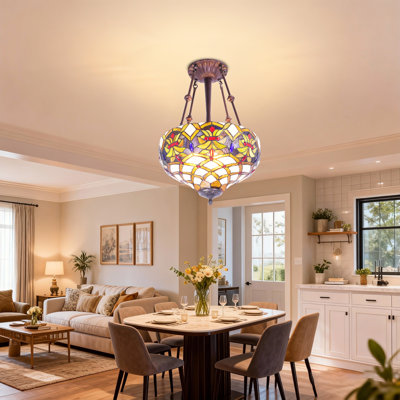 Luminaire suspendu en verre coloré à 3 lumières de style Tiffany, lustre suspendu à motif floral coloré pour le salon / salle à manger / chambre à coucher