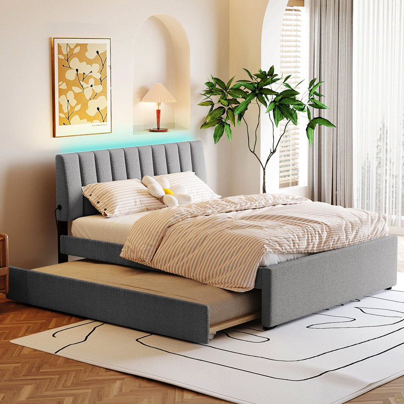 Lit plateforme tapissier grand avec lit gigogne simple Teddy, Grey, Twin