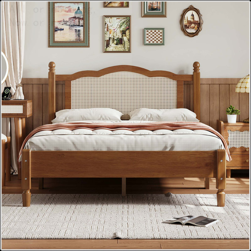 Lit plateforme double en bois avec tête de lit en rotin naturel et support en lattes de bois, Lit double, Noyer
