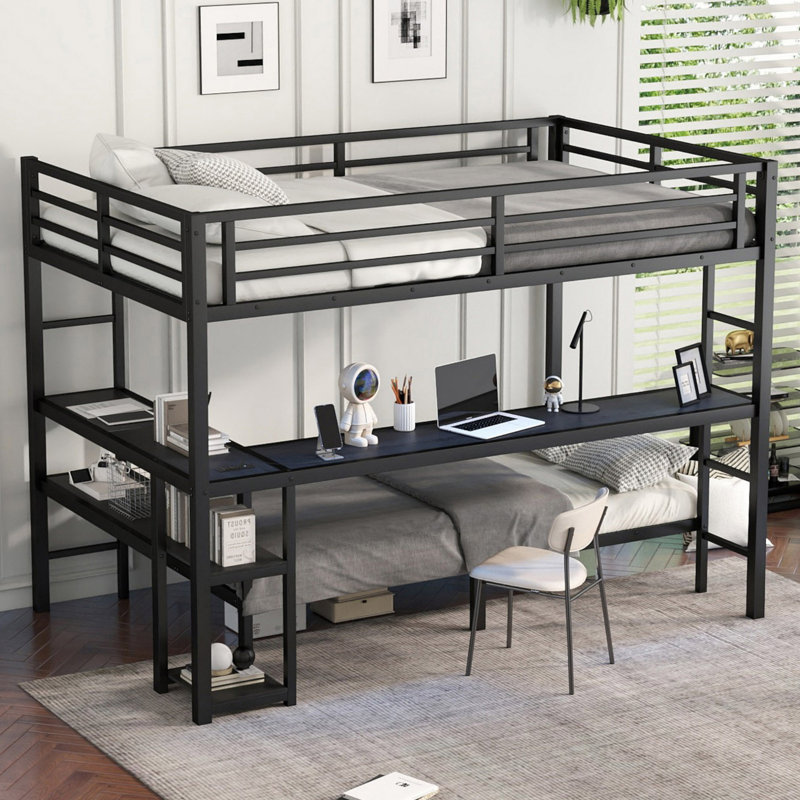 Lit superposé fonctionnel avec bureau, tablettes, lumières DEL et ports USB, offrant de multiples options de placement pour une utilisation optimale de l'espace