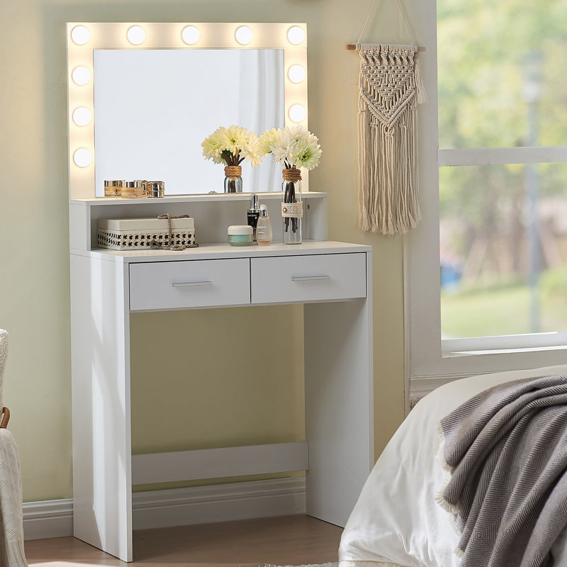 Vanity Desk with Mirror and Lights, Dressing Table with Large Drawer, 2 Level Storage Dresser & 3 Lighting Modes Adjustable Brightness