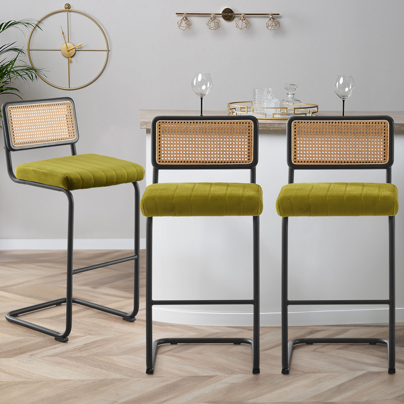 Georgios Velvet Upholstered Cane Back Bar & Counter Stool, Oliver Green Velvet/ Black Frame, Bar Stool (30" Seat Height)