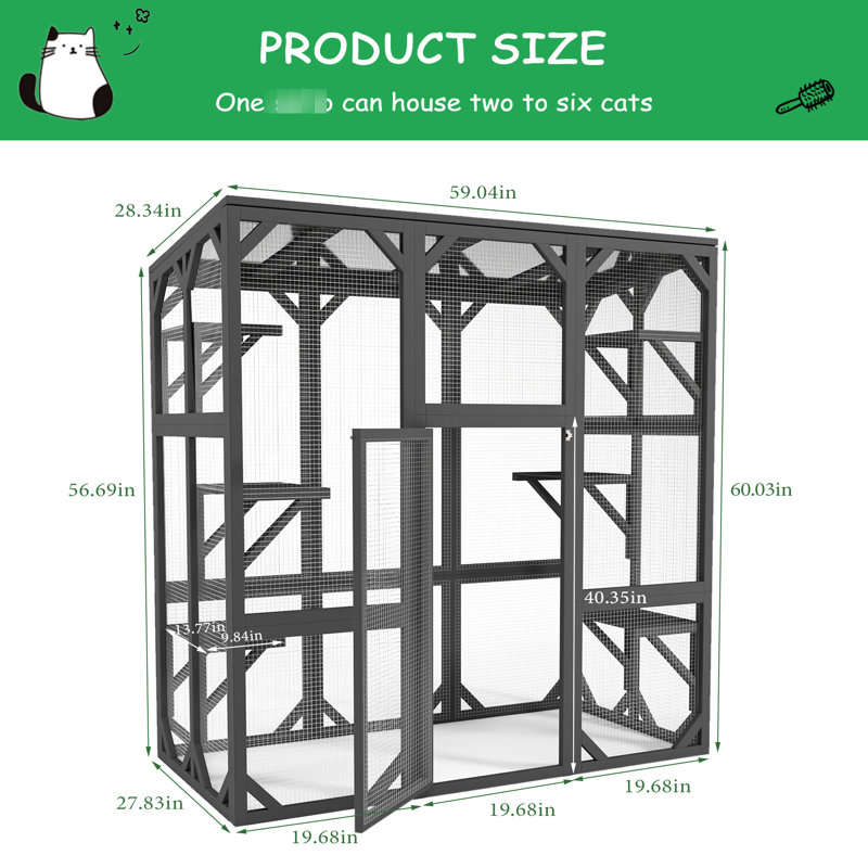 Grande enceinte extérieure avec six plateformes, toit imperméable, treillis métallique galvanisé, espace de repos pour chat en bois gris