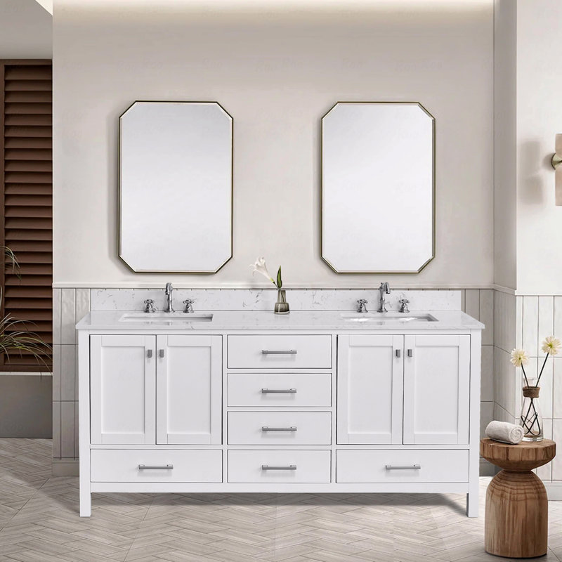 Meuble-lavabo autoportant à double cuve, avec comptoir, armoire de rangement en bois massif, Blanc, 72"