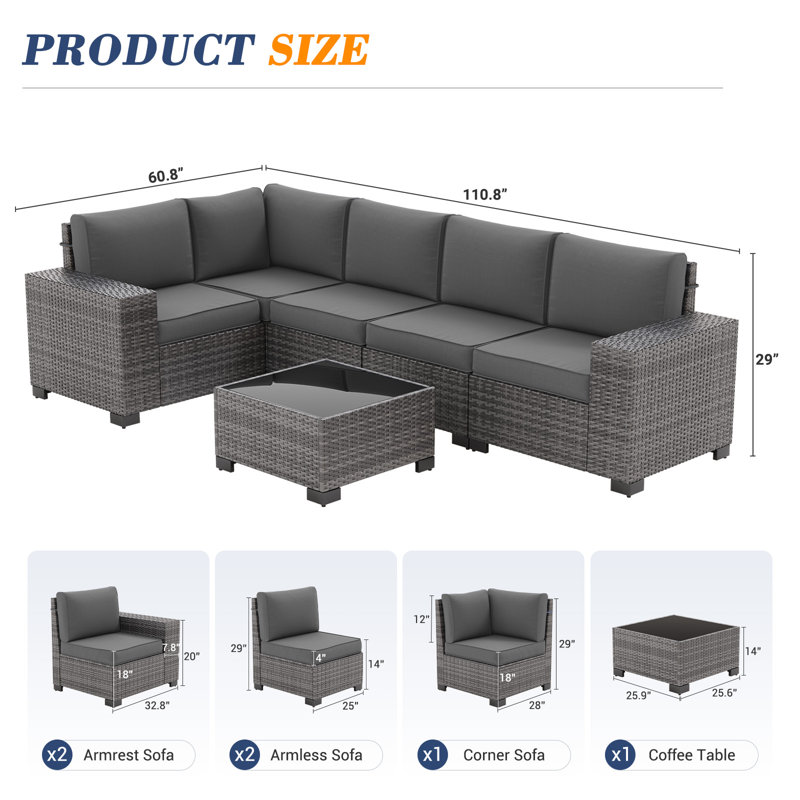 Earling 5 - Person Modular Wide Armrest Outdoor Rattan Sectional Seating Group, Dark Gray/Gray