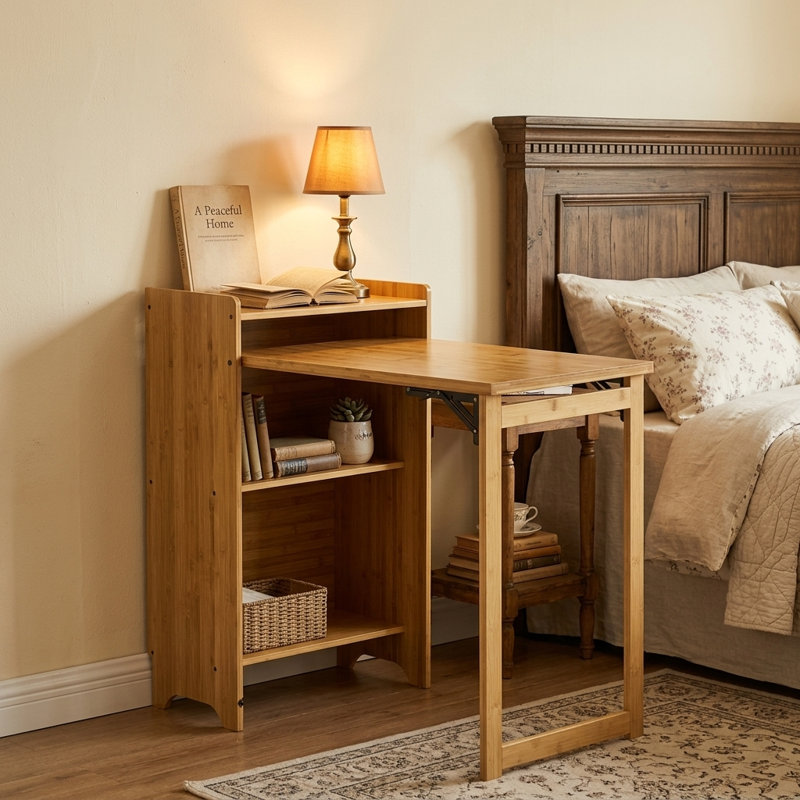 Bureau pliant en bambou avec rangement caché Table d'ordinateur pliable pour petit espace Bureau Mid Century pour bureau à domicile Chambre à coucher Bois naturel