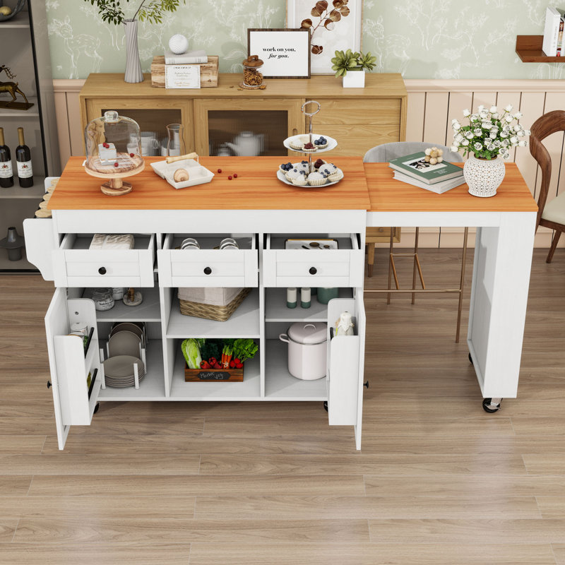 Îlot de cuisine roulant extensible avec table de salle à manger, tablettes de rangement, prise de courant et 3 tiroirs, White