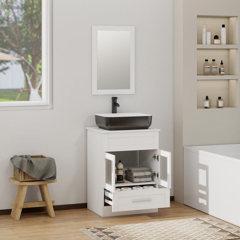 Ensemble de meuble-lavabo simple 24 po avec miroir Andrais, Blanc, Blanc / Blanc
