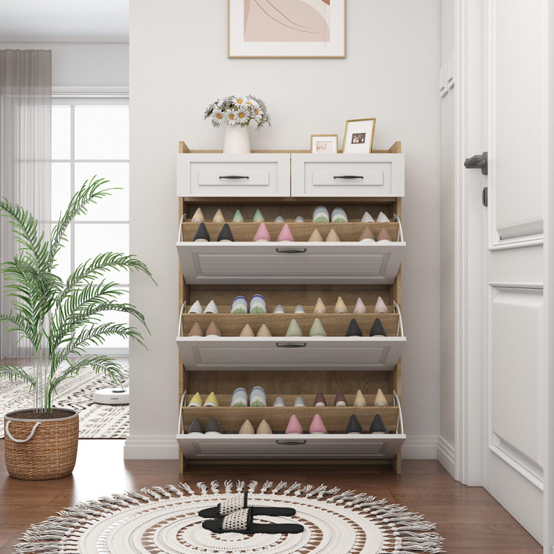 Armoire à chaussures 1250 avec 3 portes et 2 tiroirs, porte en PVC avec forme, grand espace de rangement
