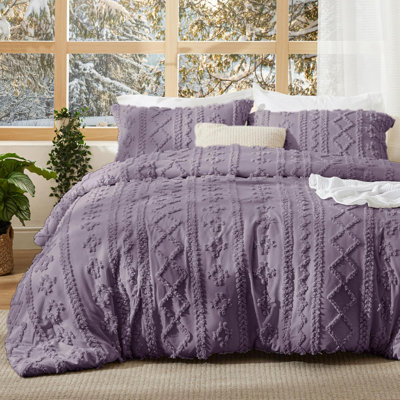 Tufted Boho Comforter Set King Size - Grayish Purple Boho Bedding Comforter Set, 3 Pieces Farmhouse Shabby Chic Embroidery Bed Set, Gifts For Woman, Soft Jacquard Comforter