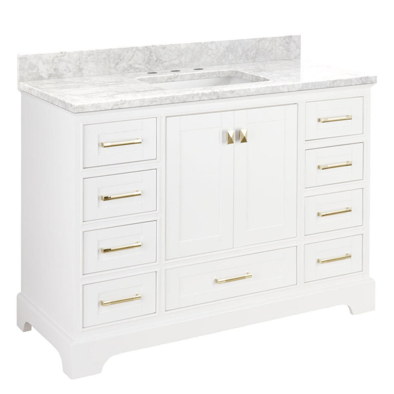 Quen 48" Freestanding Single Basin Vanity Set with Cabinet, Vanity Top, Soft White, Carrara Marble, 8" Widespread