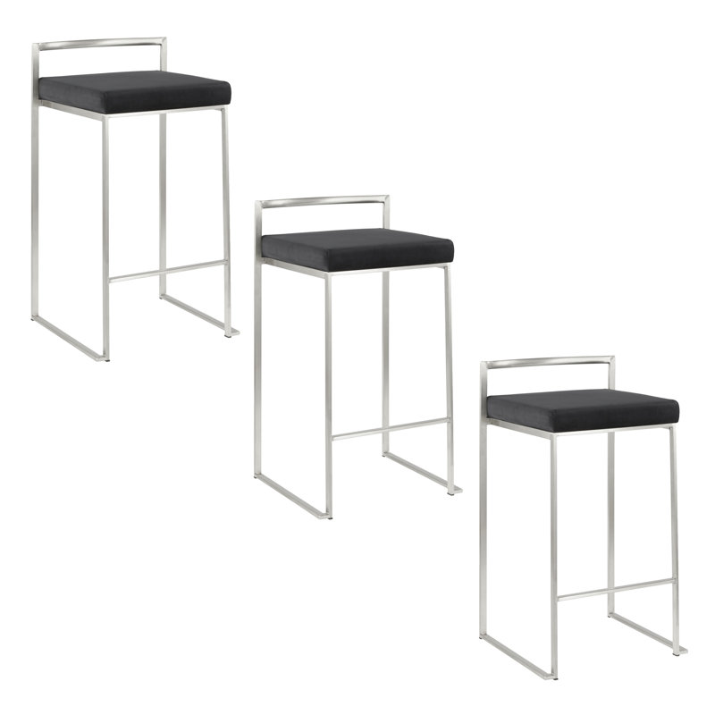 Tabouret de comptoir empilable 26 po contemporain en acier inoxydable avec coussin en velours noir - ensemble de 3