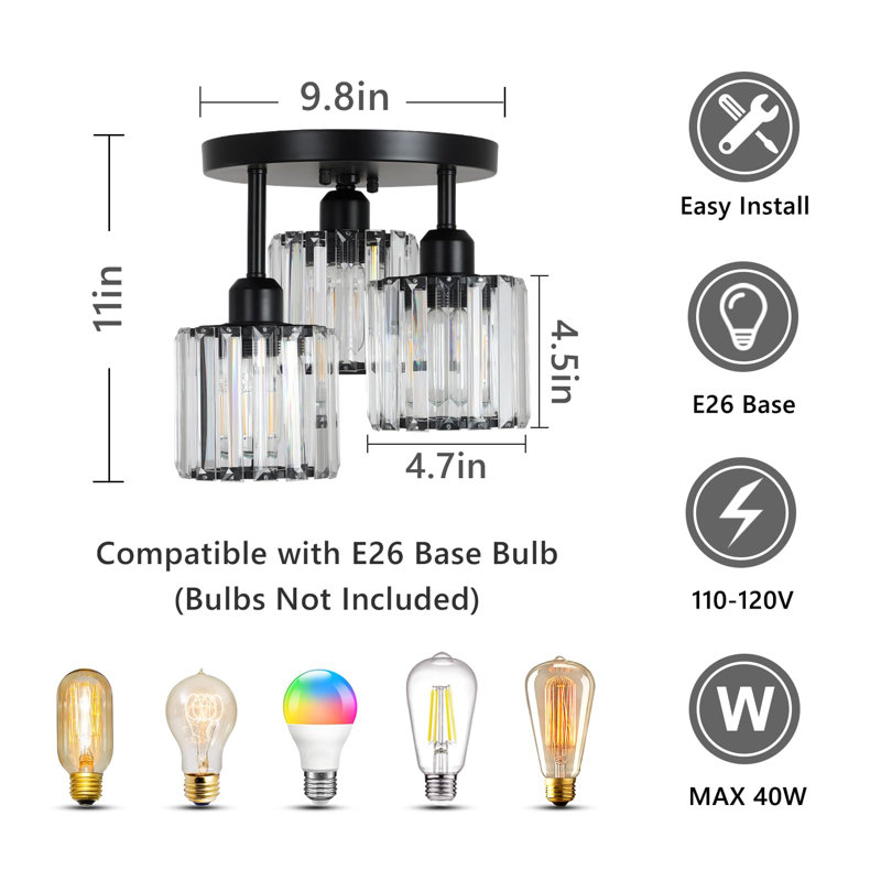 Crystal Semi Flush Mount Ceiling Light, Black