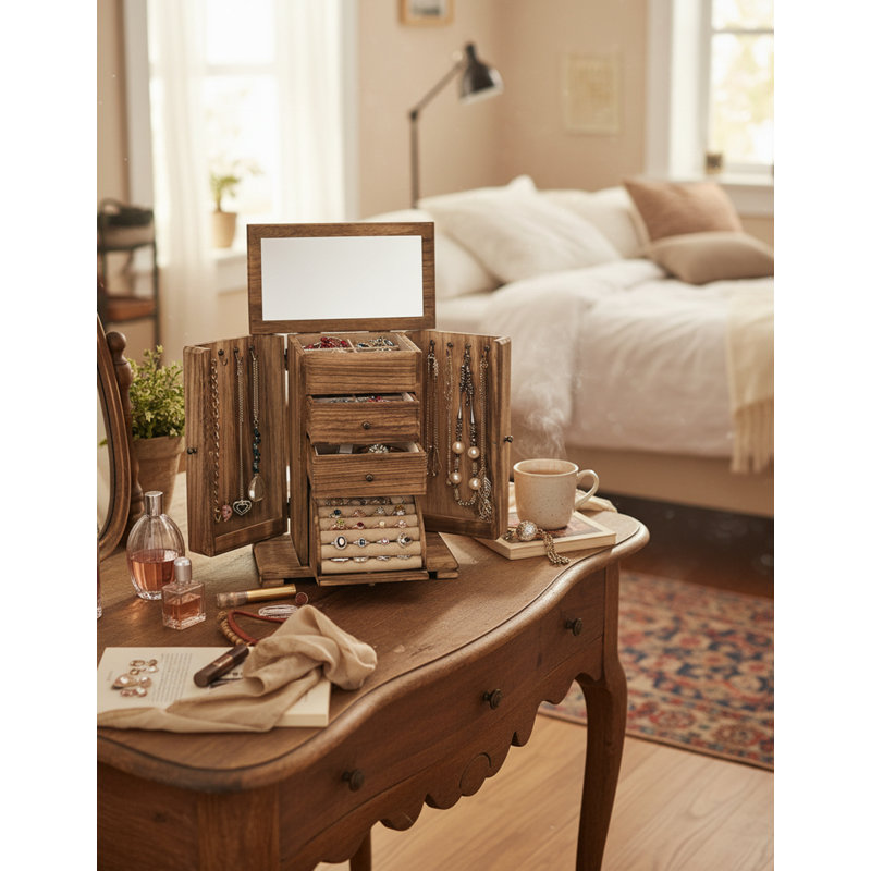 Elegant Farmhouse Wood Jewelry Box 4-Layer Organizer, Rustic Brown