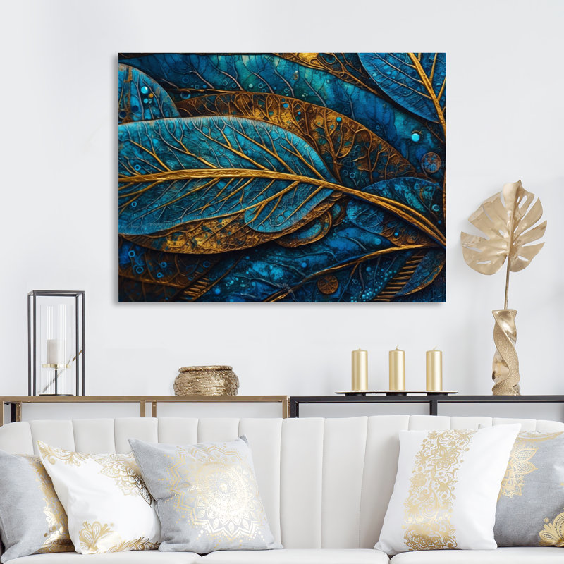 Kalypso, bleu et or, mélodie de Boho I - art mural plume Boho, H 12 po x l 20 po x P 1 po, Toile tendue
