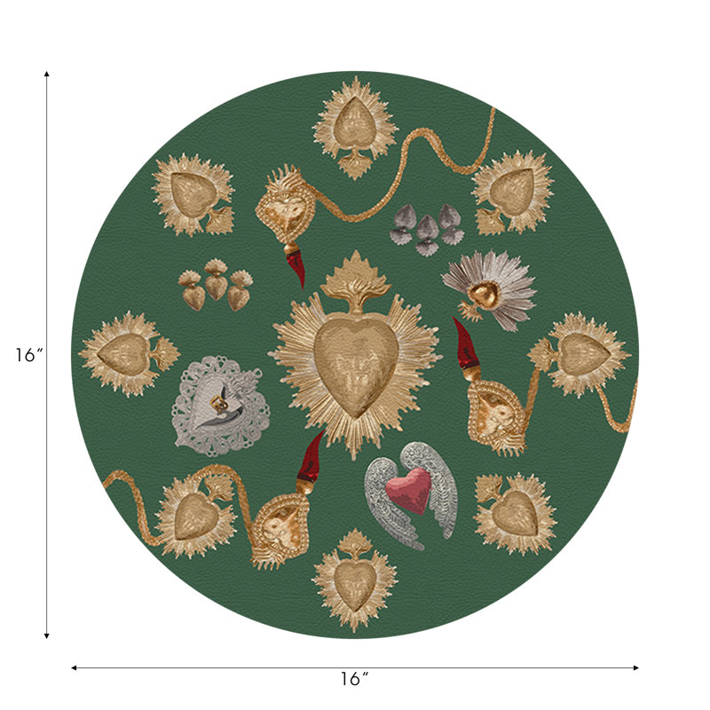 Ex Vote Sacred Hearts Vegan Leather Round Pebble Placemat, Evergreen